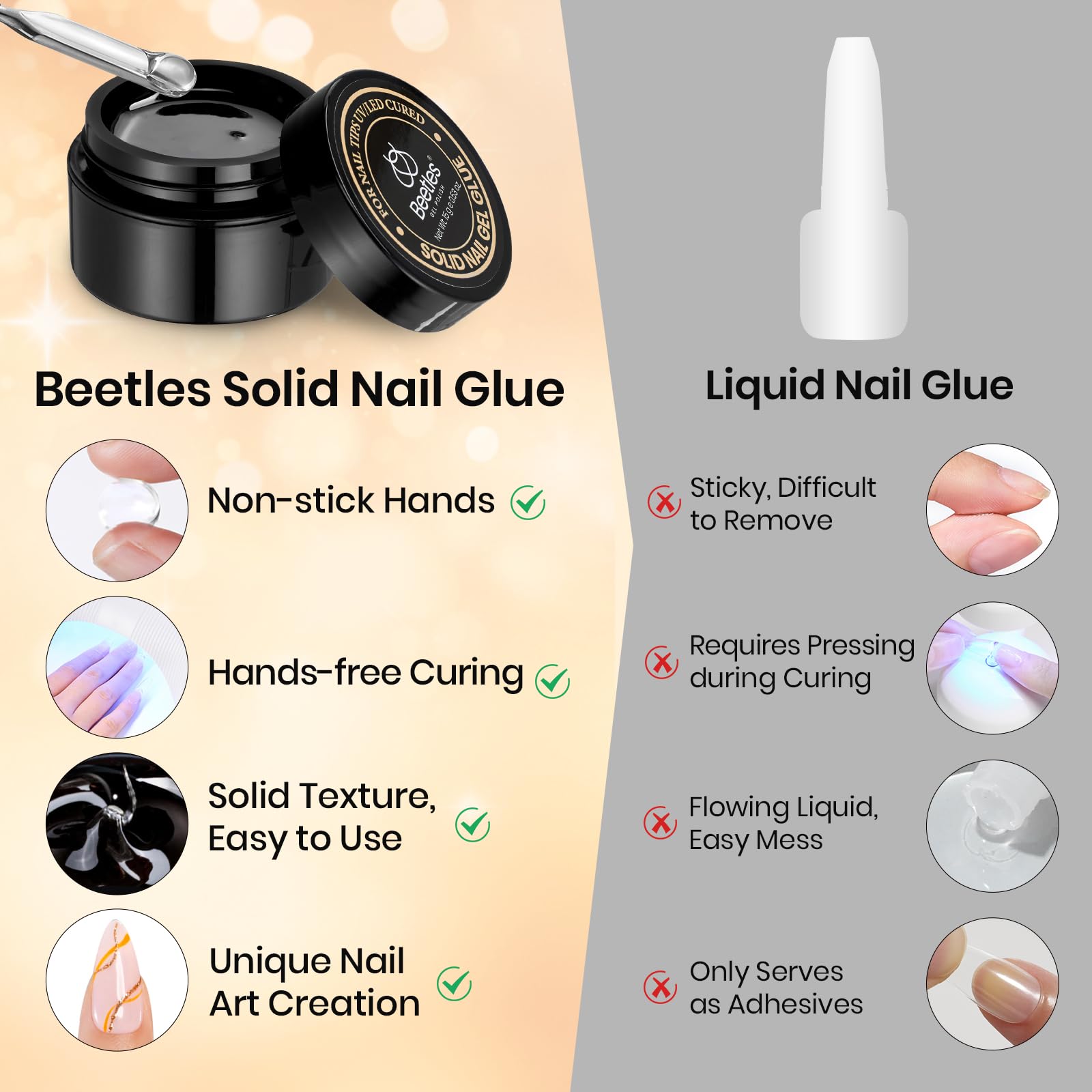 Beetles Solid Nail Glue Gel UV-LED cure compatible for quick set.