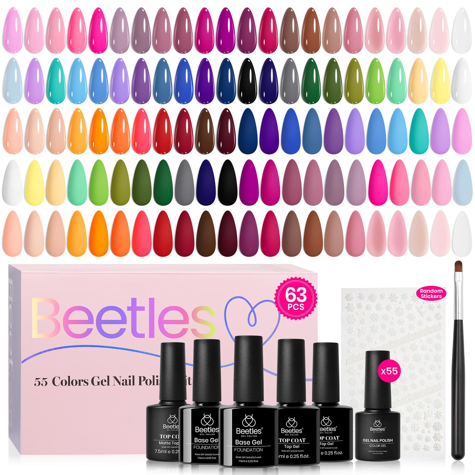 Beetles Spring Gel Nail Polish Set color wheel with 55 vibrant shades for festive nails.
