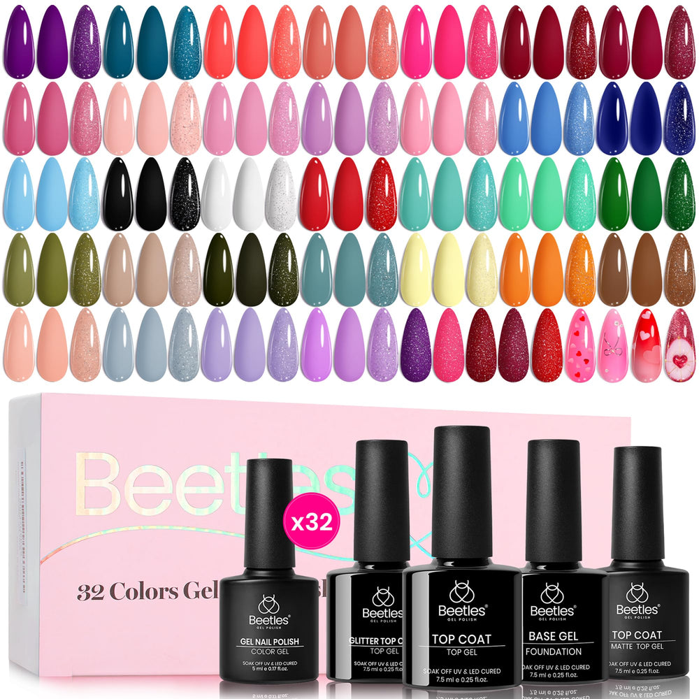 Beetles Spring Gel Polish Set bottle lineup shows 32 colors for versatile manicure options.