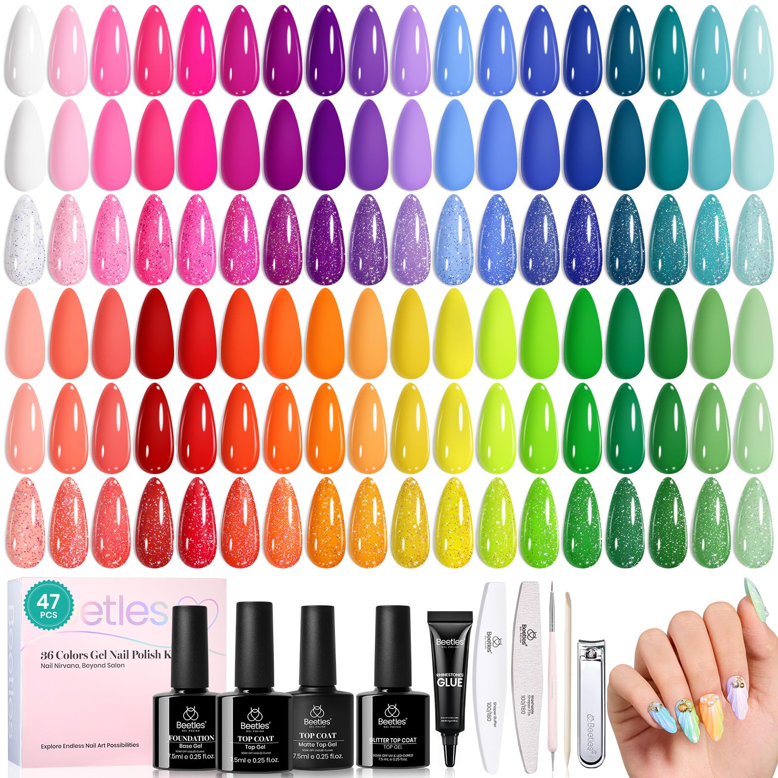 Beetles Spring Gel Polish set swatches show 36 pastel neon shades for stylish nails.