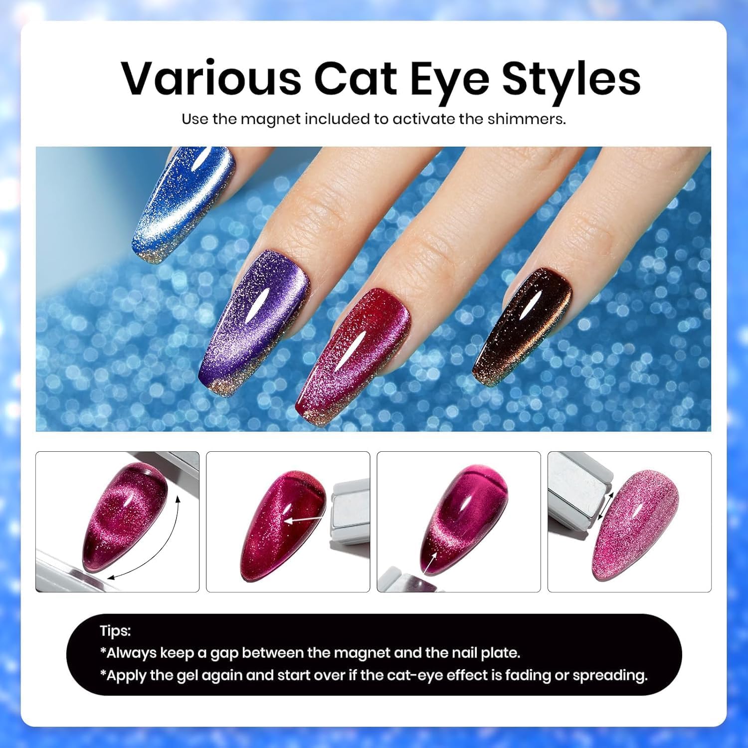 Beetles storage box keeps cat eye gel polishes organized during DIY sessions.