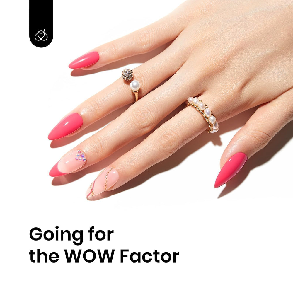 Beetles Strawberry Cocktail manicure glowing in spring light.
