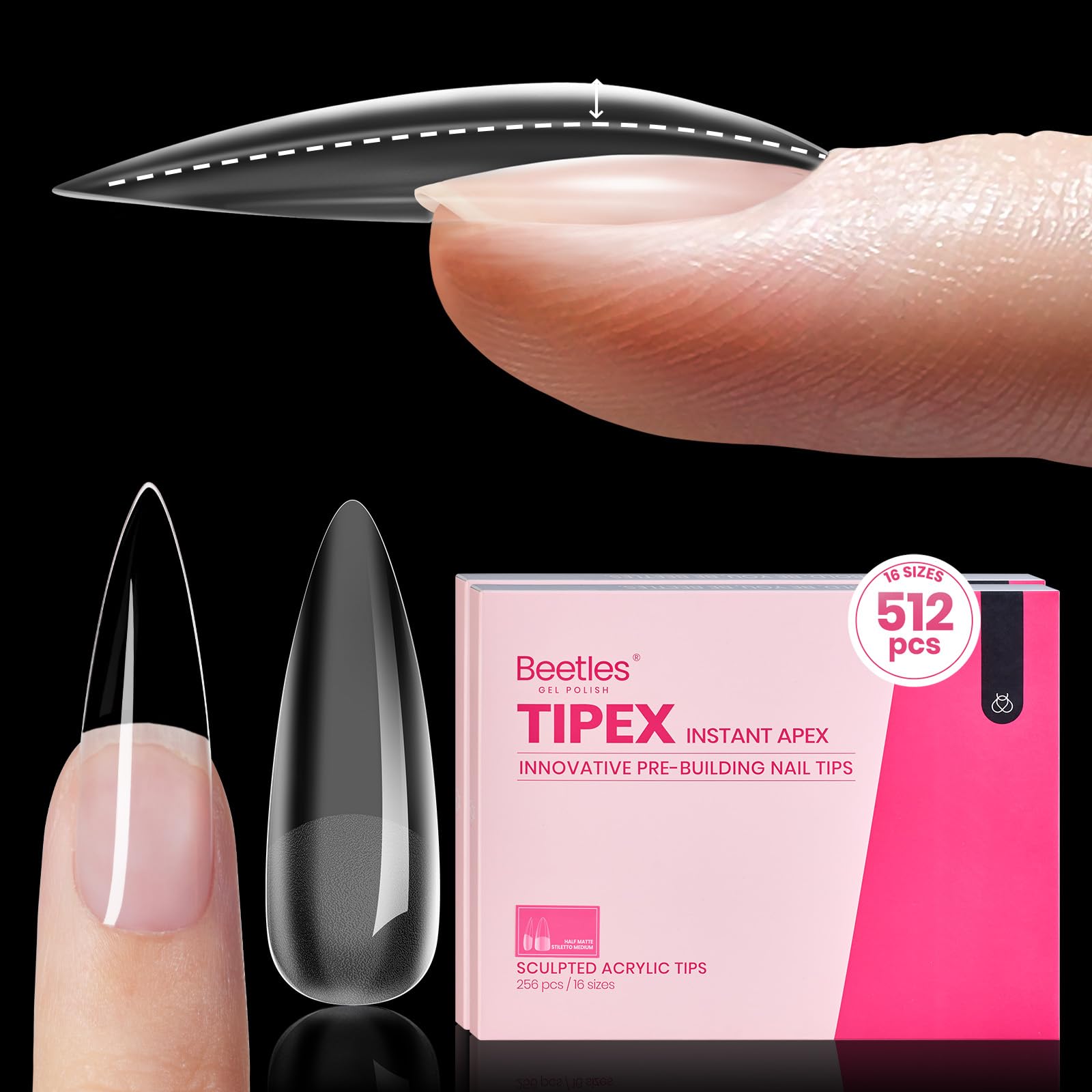 Beetles Tipex: puntas stilettos con ápice listo para un look estable.