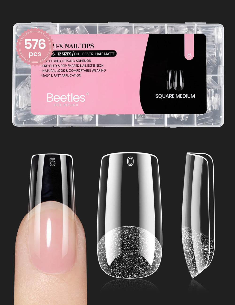 Beetles tips de uñas cuadradas medianas para cobertura total en casa.