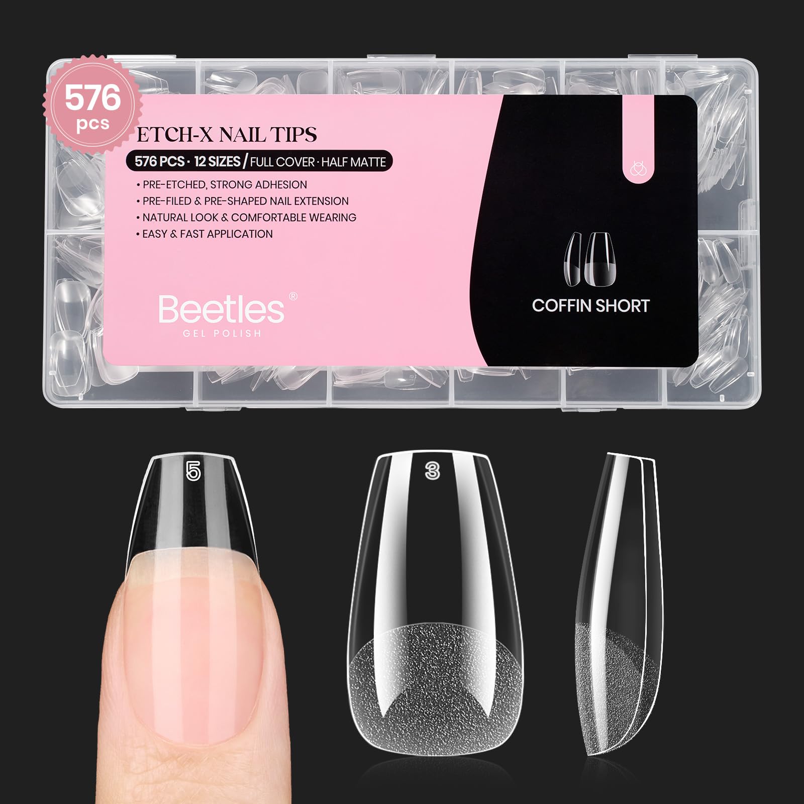 Beetles puntas uñas forma ataúd cortas, ajuste preciso para look natural