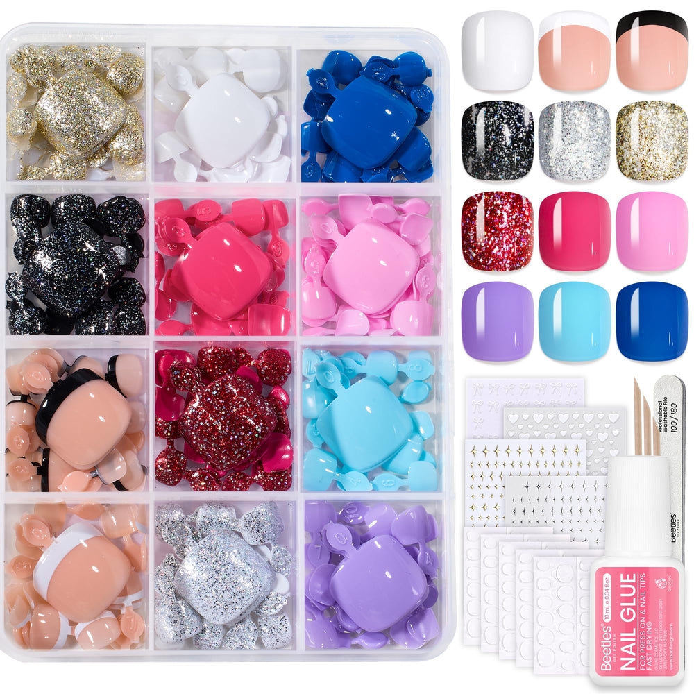 Beetles kit uñas postizas para dedos de los pies: 288 piezas y 12 colores brillantes.
