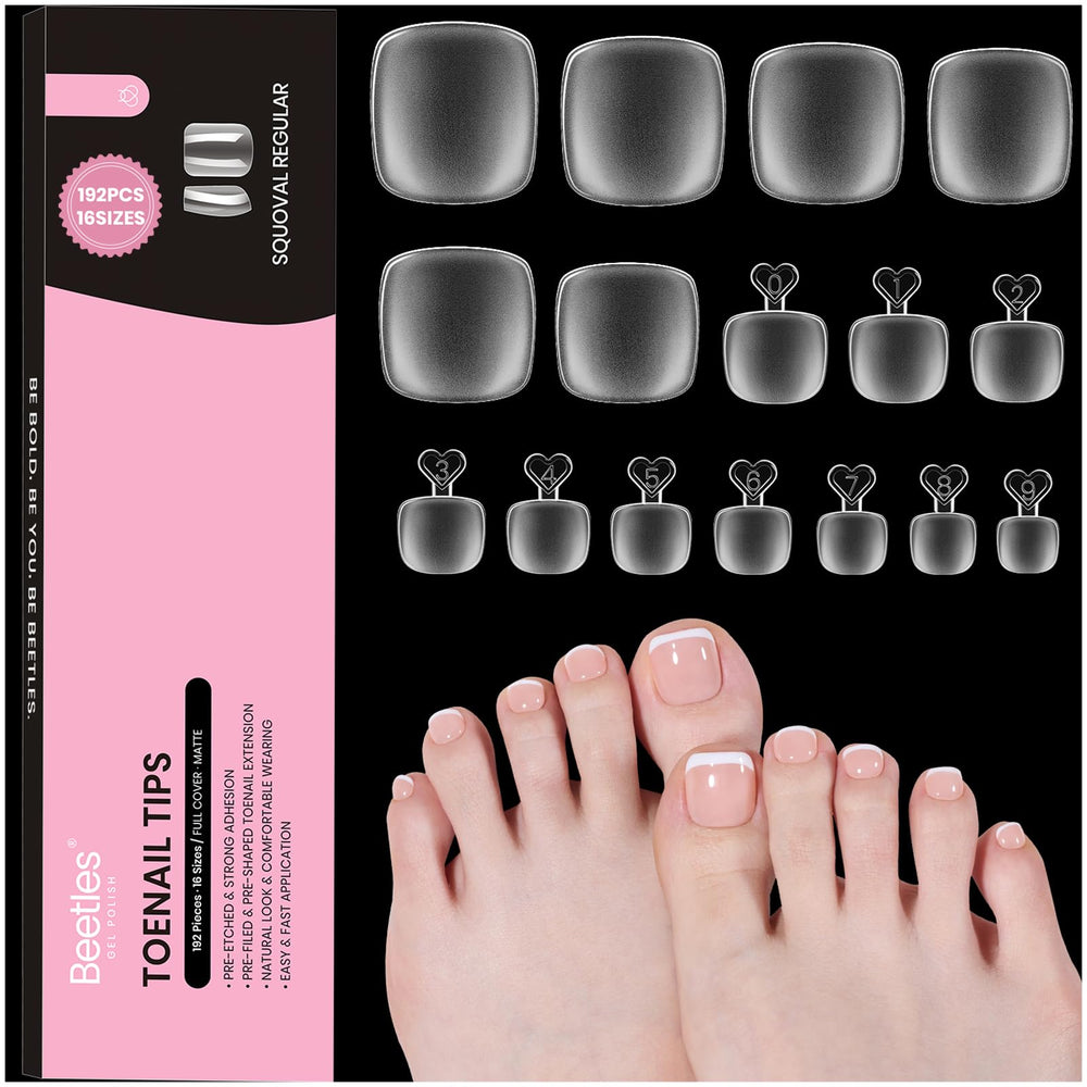 Beetles toe nail tips square set with 16 sizes for precise toe fit and customization.