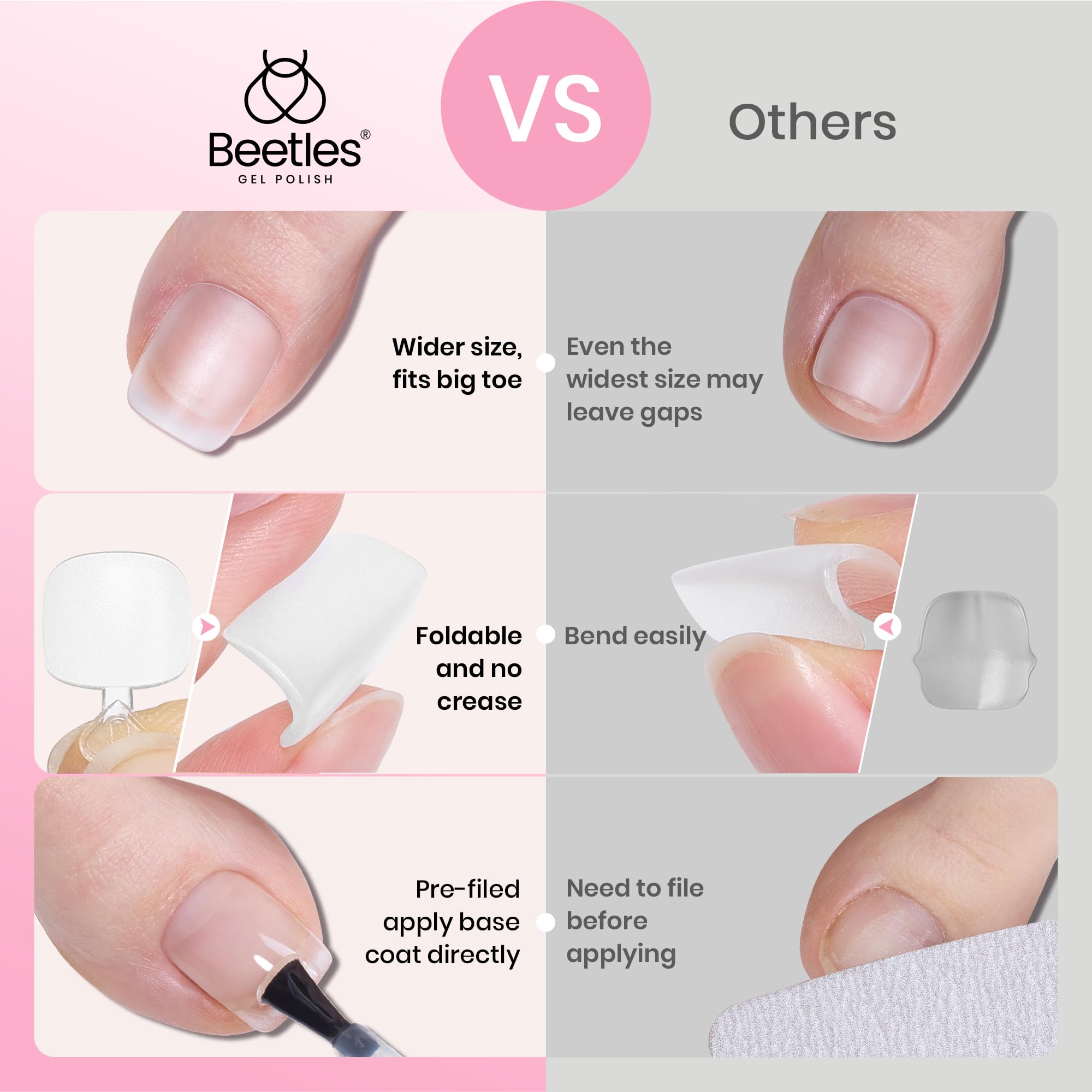 Beetles toe nail tips square thin back edge blends with natural nails.