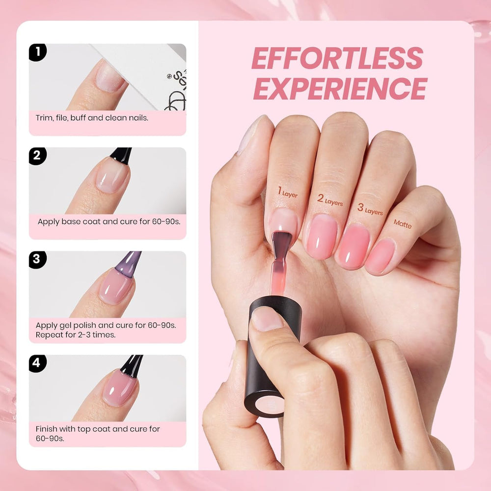 Beetles gel para uñas, tono rosa pastel, capas transparentes con brillo ligero.