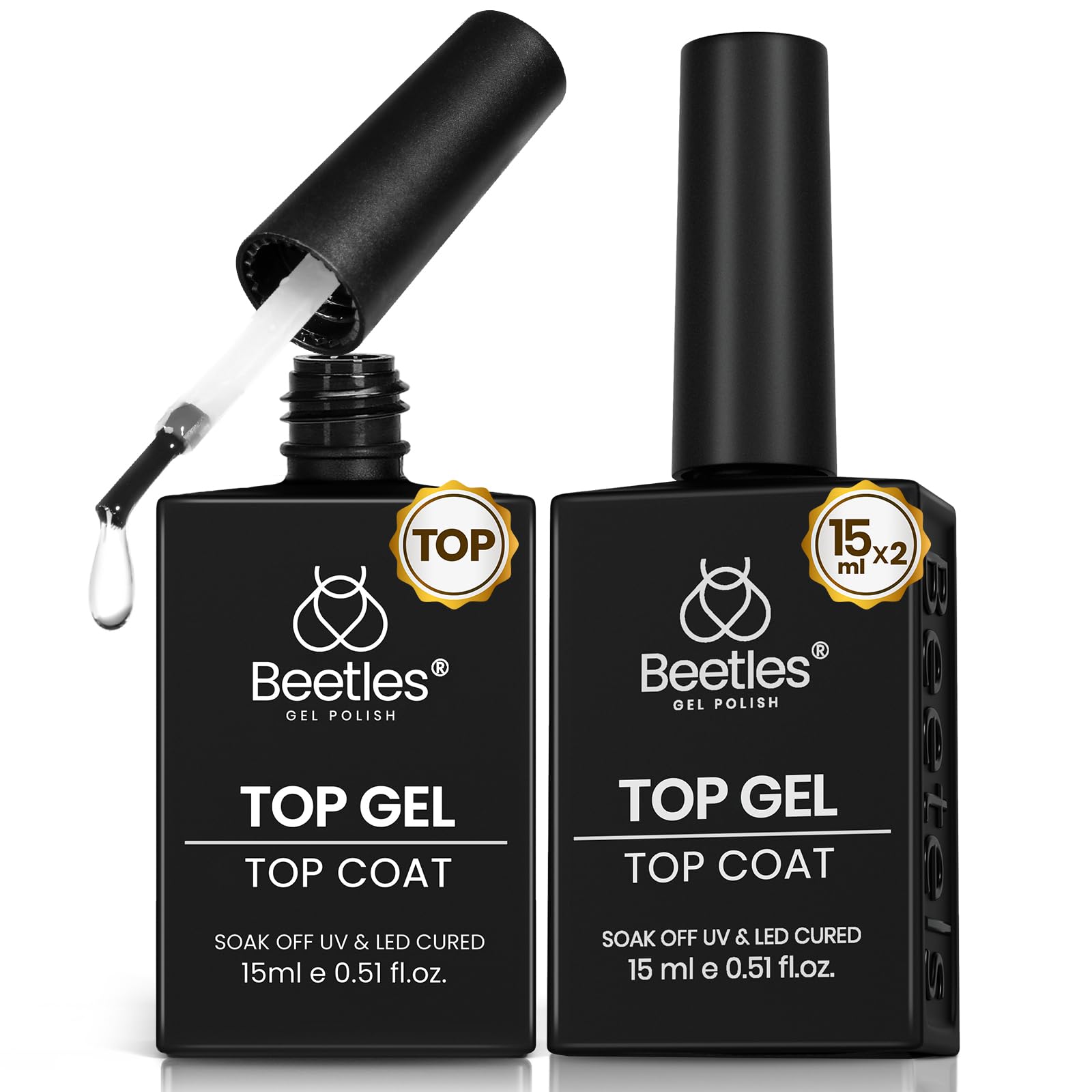 Beetles Top Coat 15ml clear bottle provides lasting high-gloss finish.