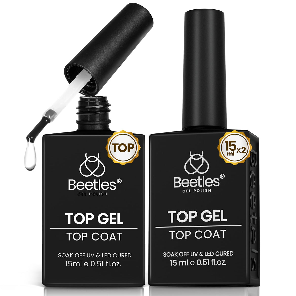 Beetles Top Coat 15ml clear bottle provides lasting high-gloss finish.