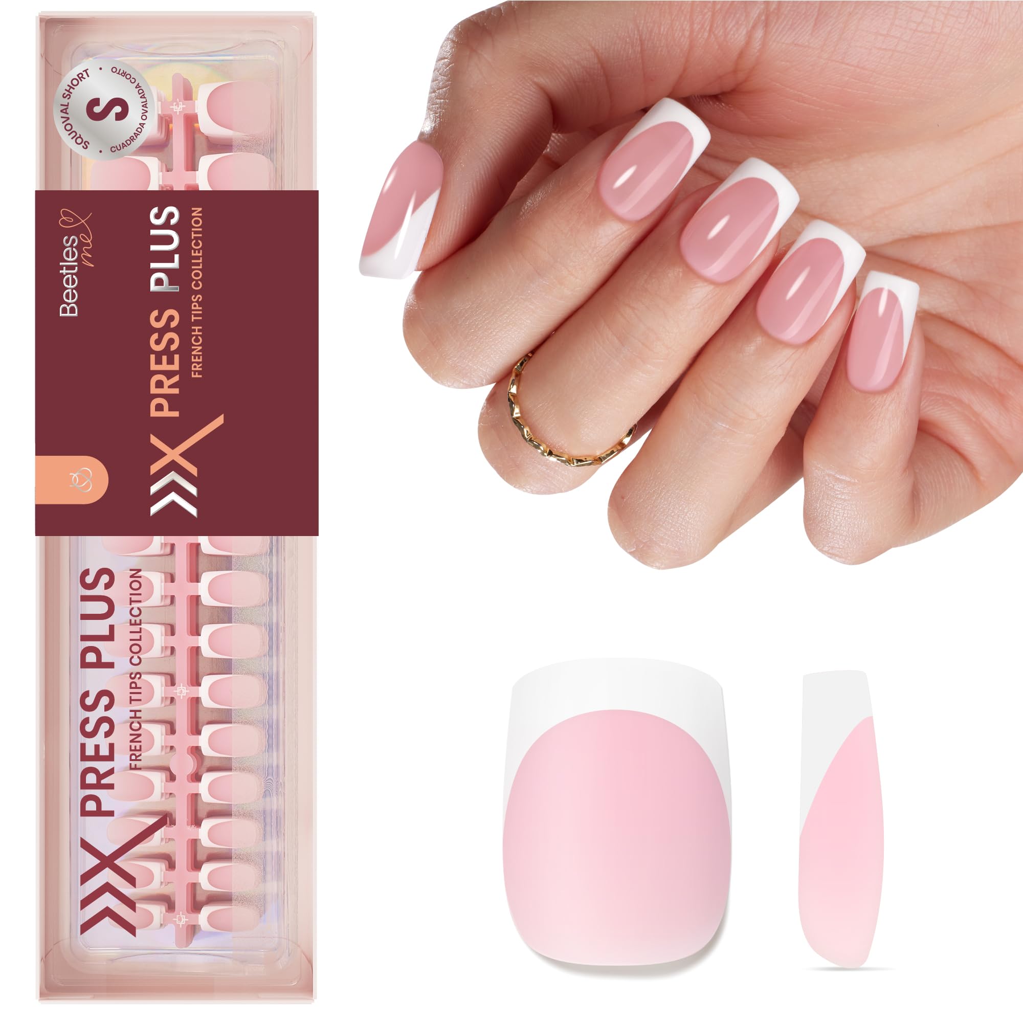 Beetles X Press Plus Uñas Francesas Camellia Rosa, cortas squoval para uso diario.
