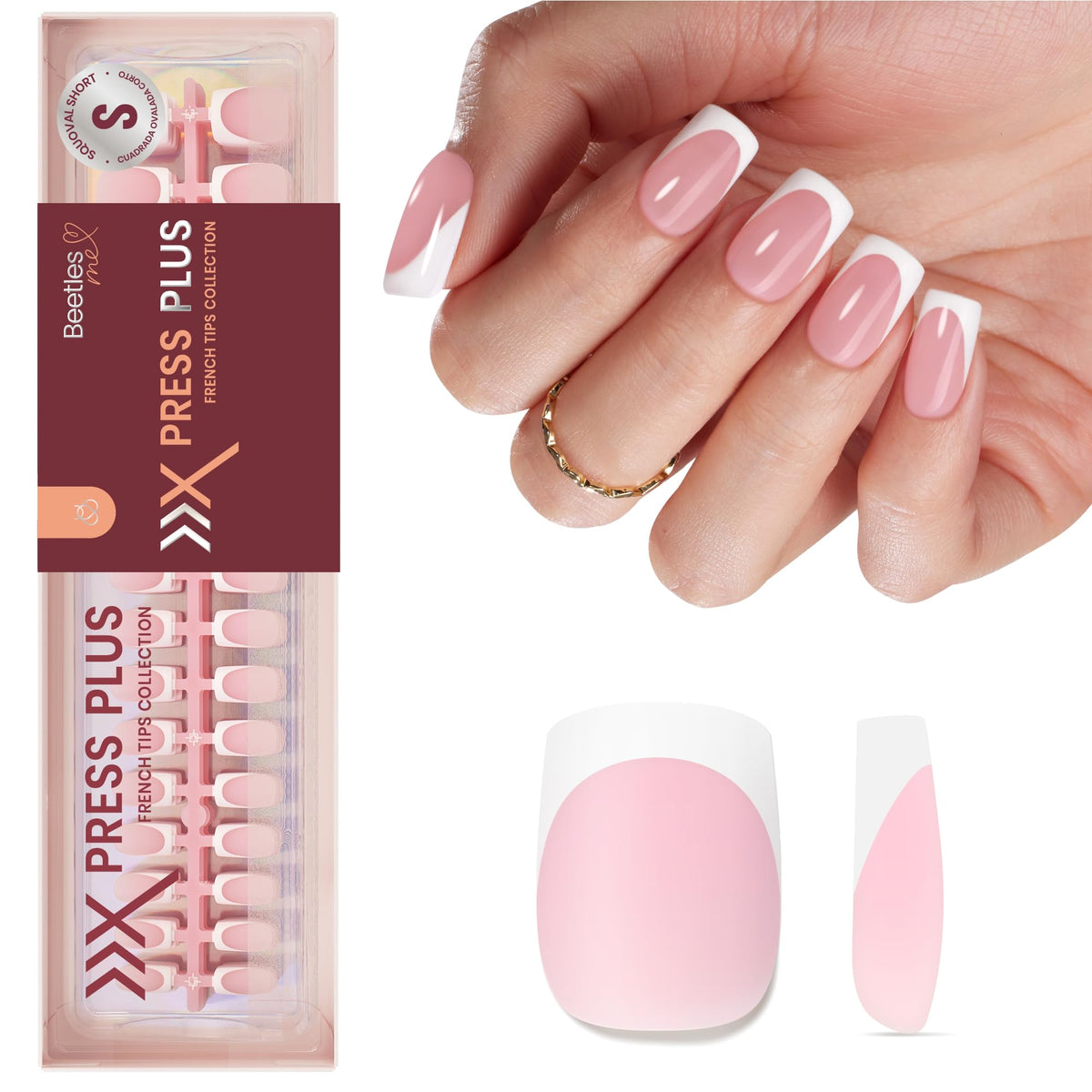 Beetles X Press Plus Uñas Francesas Camellia Rosa, cortas squoval para uso diario.
