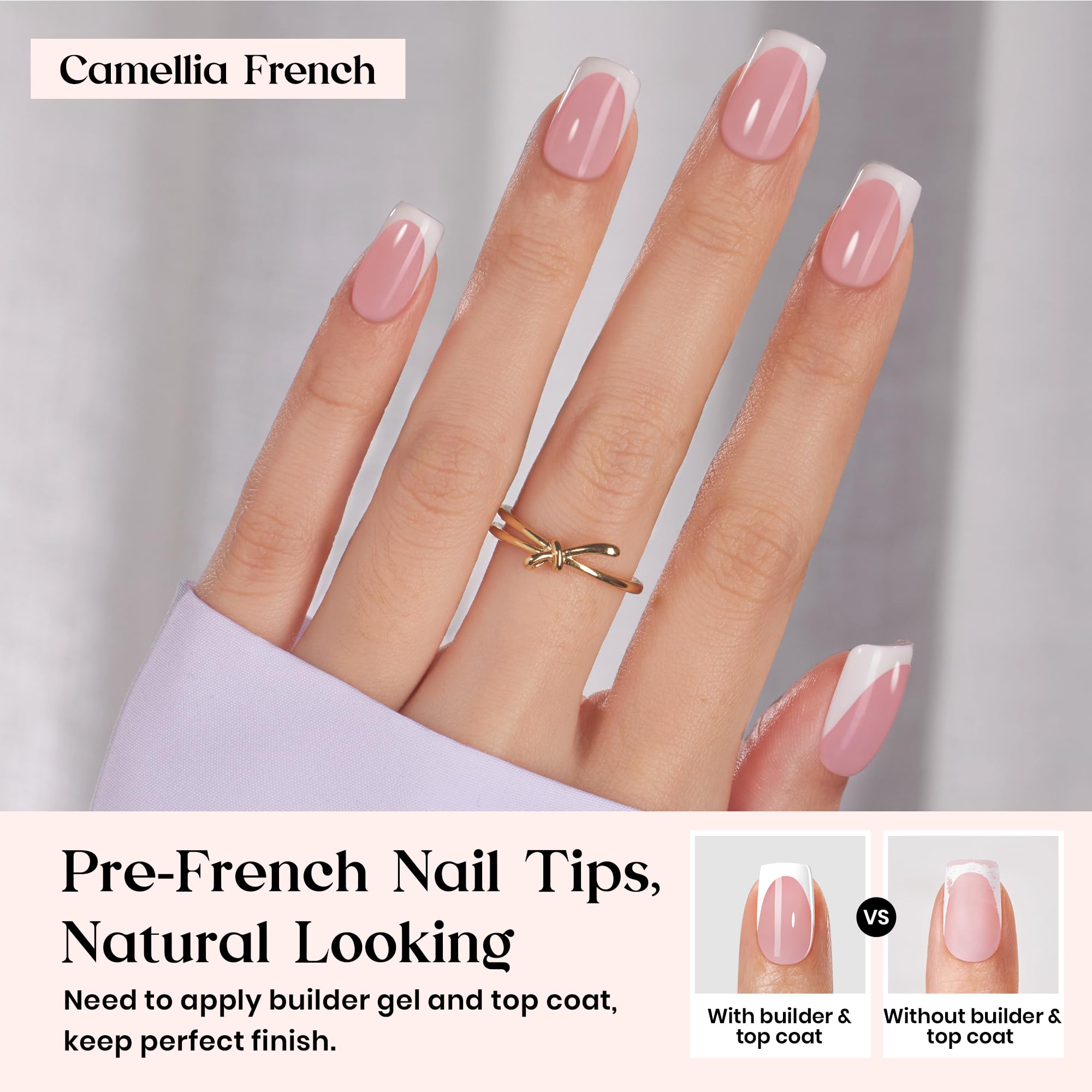 Beetles X Press Plus Uñas Francesas Camellia Rosa con 16 tallas para un ajuste cómodo.