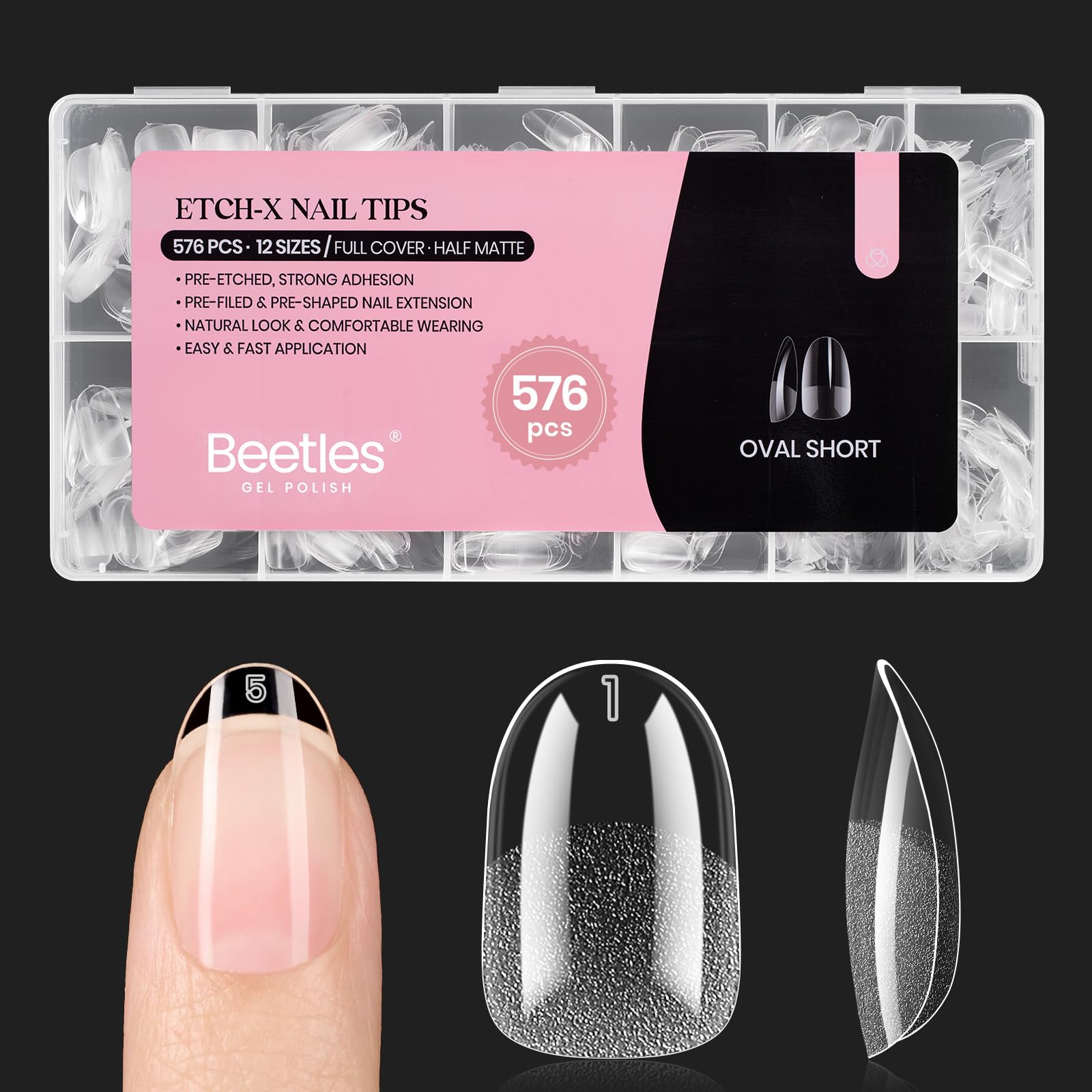 Beetles uñas gel tip oval corto 576 piezas para manicura rápida y profesional.