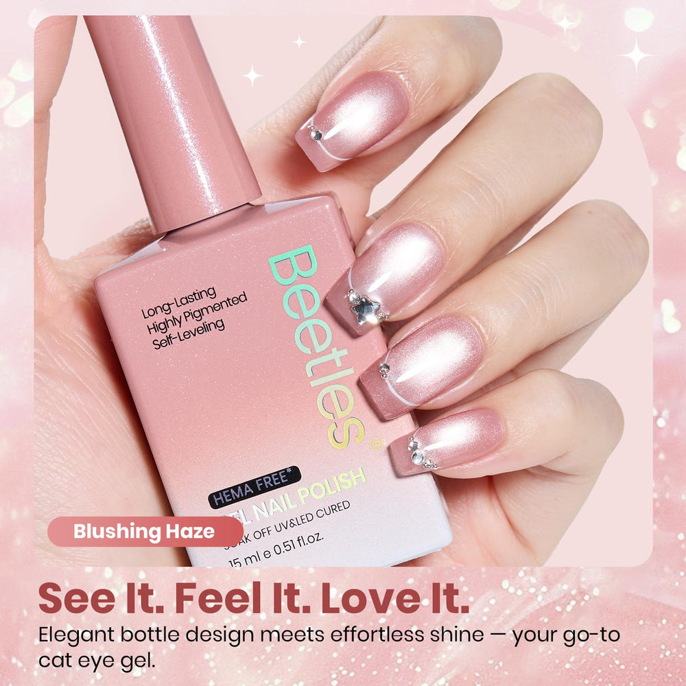 Beetles Blushing Haze nail polish illustrates long-wear and high adhesion potential.