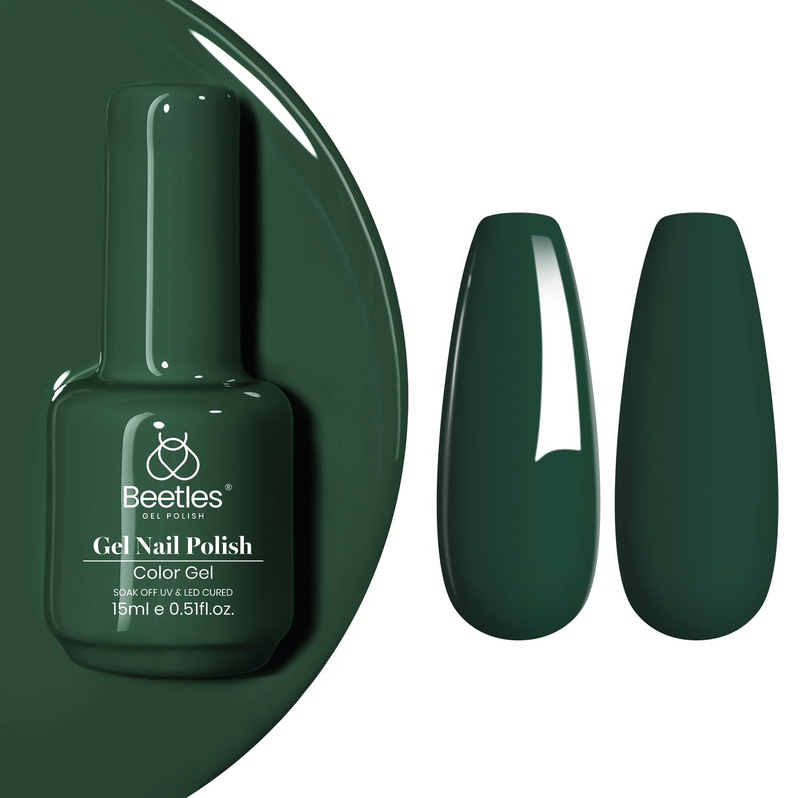 Beetles gel verde oscuro, 15 ml, botella elegante para uñas intensas.