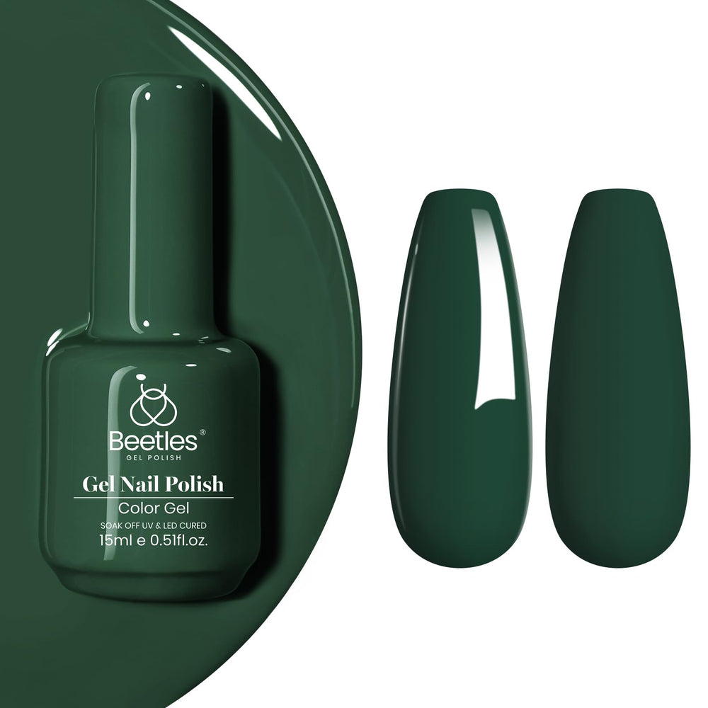 Beetles gel verde oscuro, 15 ml, botella elegante para uñas intensas.