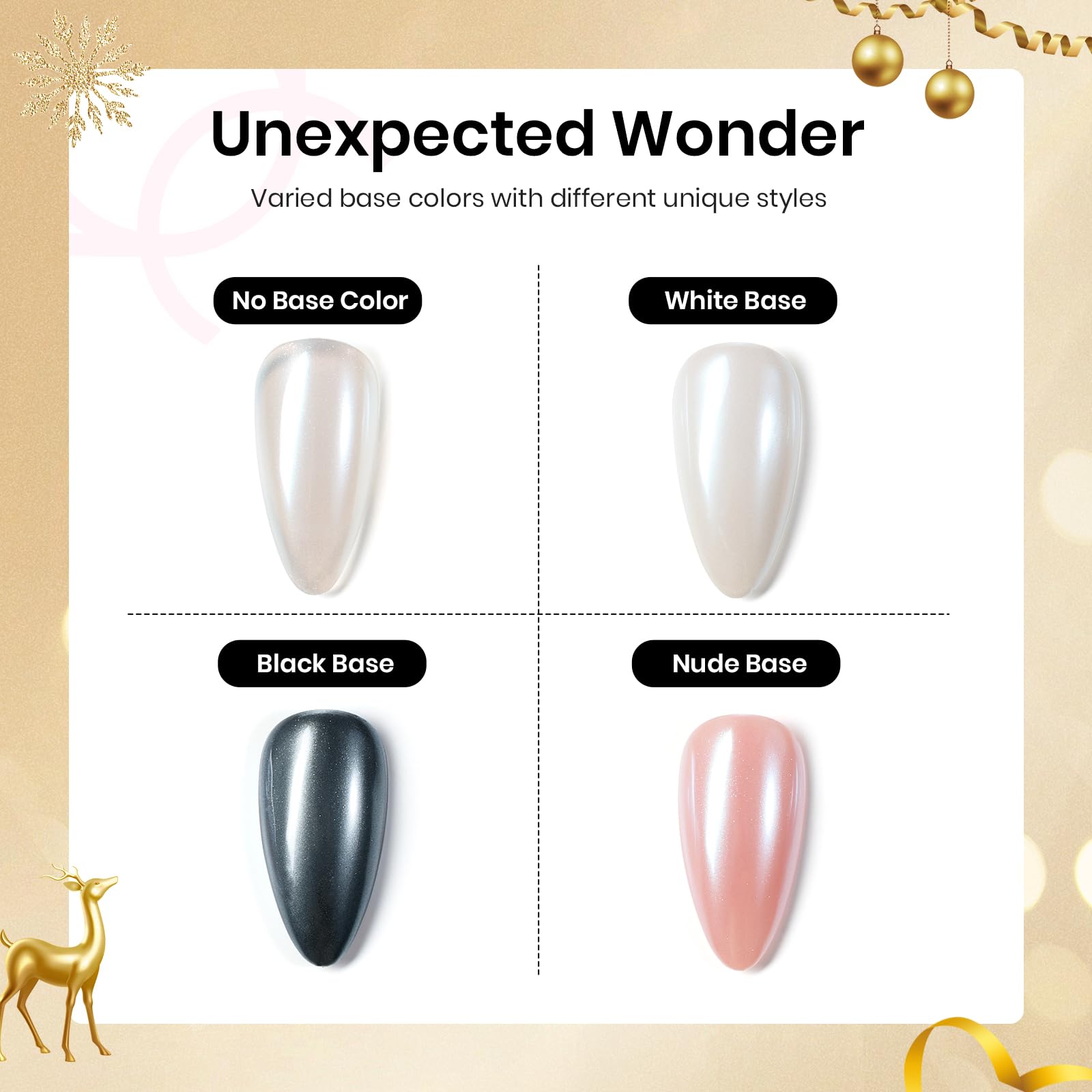 Beetles White Chrome nail powder base-color showcase with different polishes.