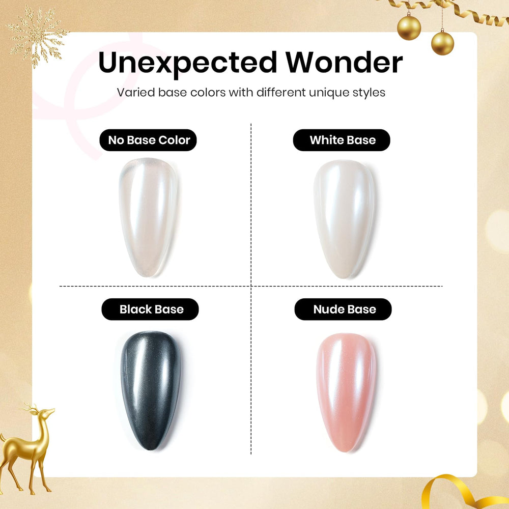 Beetles White Chrome nail powder base-color showcase with different polishes.