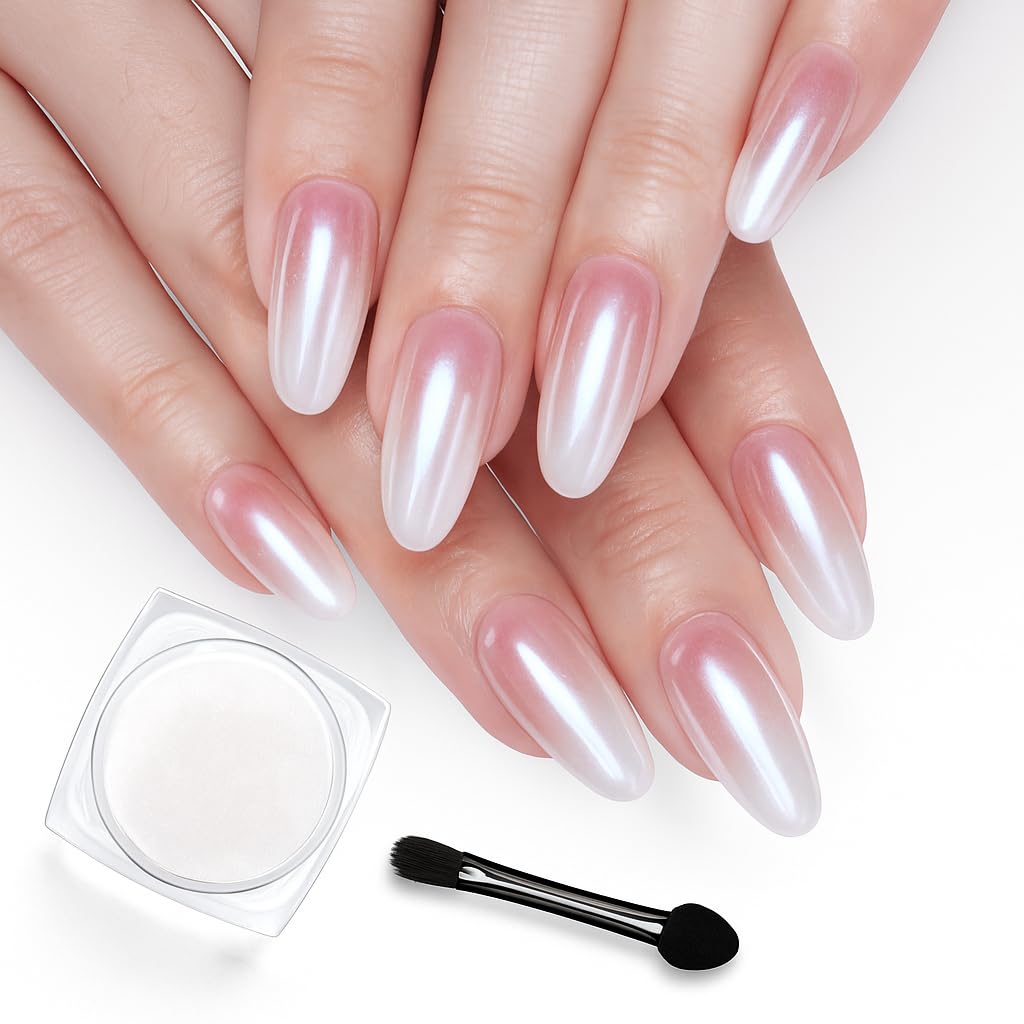 Beetles White Chrome nail powder jar shows iridescent pearlescent finish for gel nails.