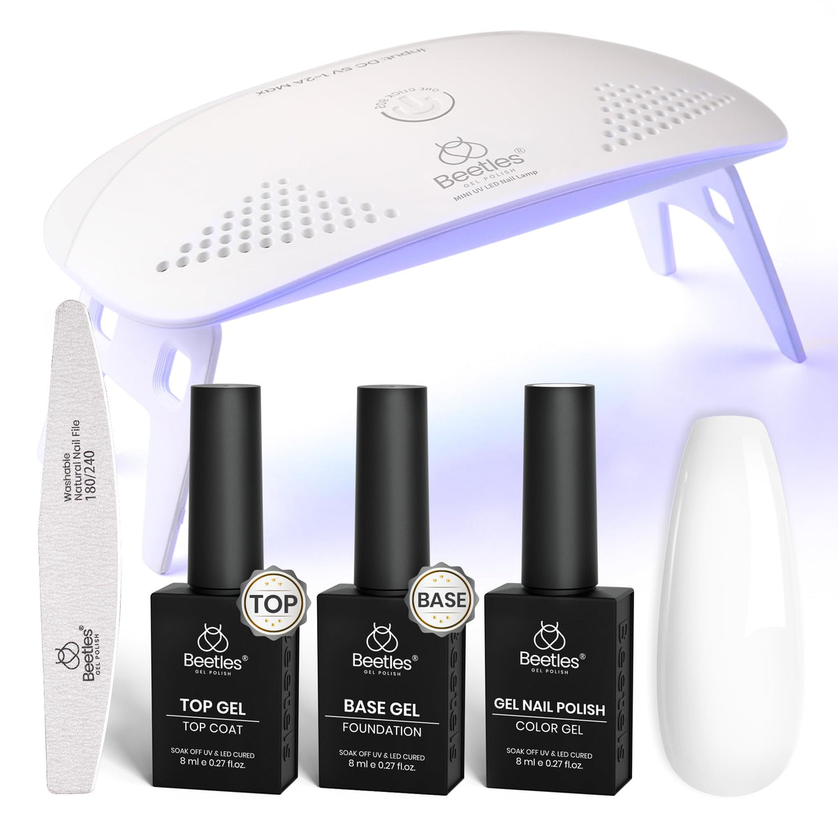 Beetles White Gel Nail Kit with UV light shown in front view for at-home manicures