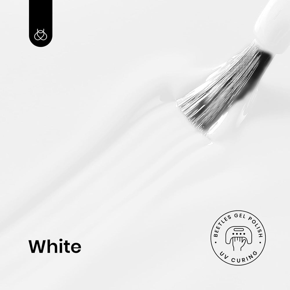 Beetles White Gel swatch shows rich white color and even coverage.
