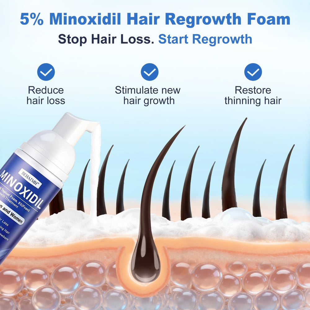 BEHATMH Minoxidil Foam 5% application close-up on thinning scalp.