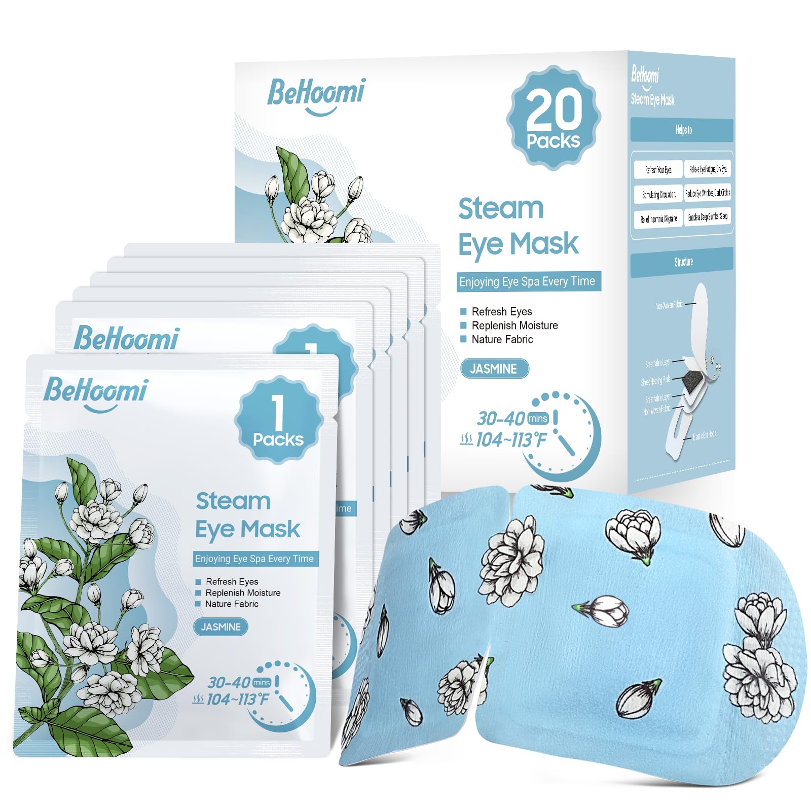 BeHoomi mascarilla ocular caliente en empaque, ideal para regalo y relajación.