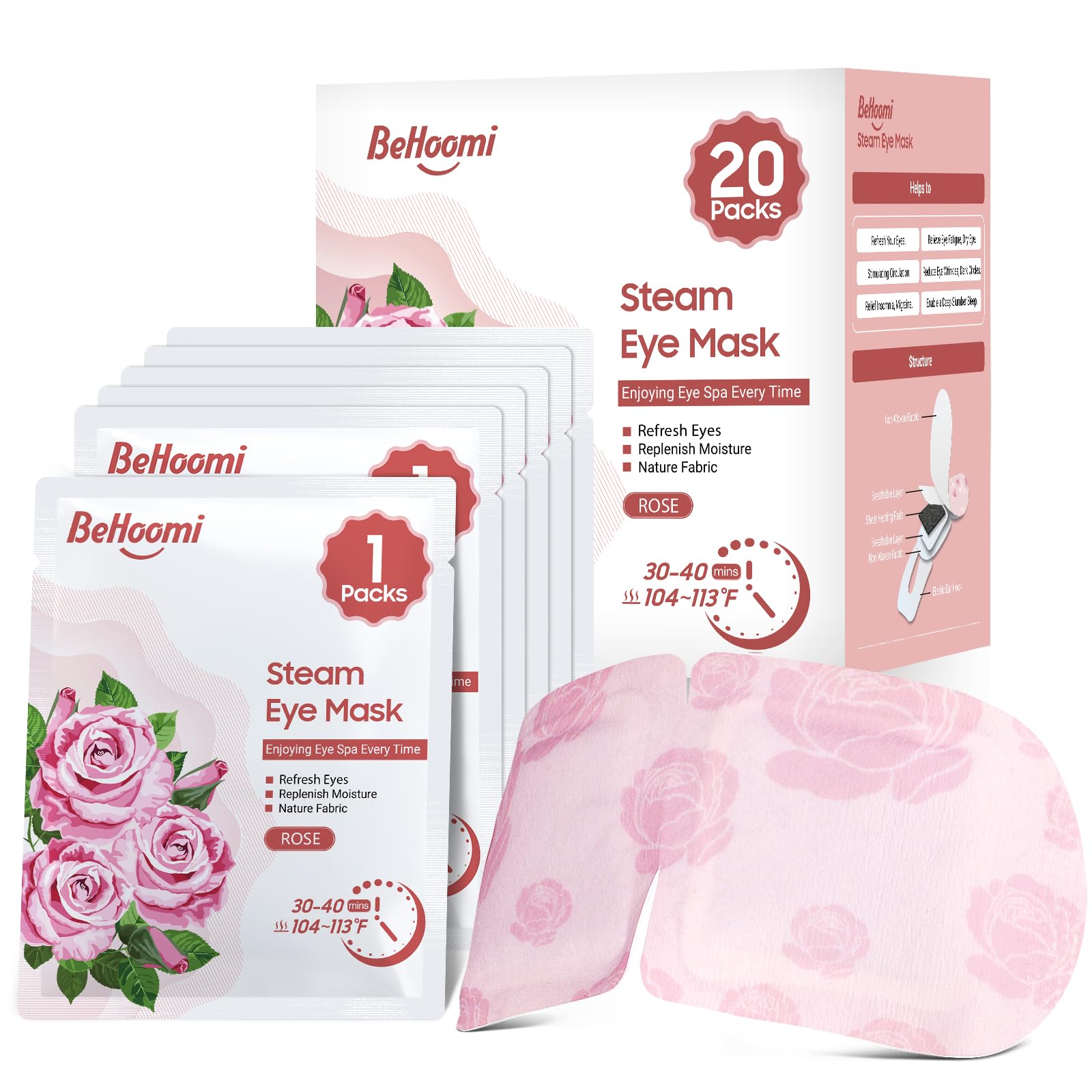 BeHoomi mascarilla ocular caliente rosa para descanso y sueño profundo
