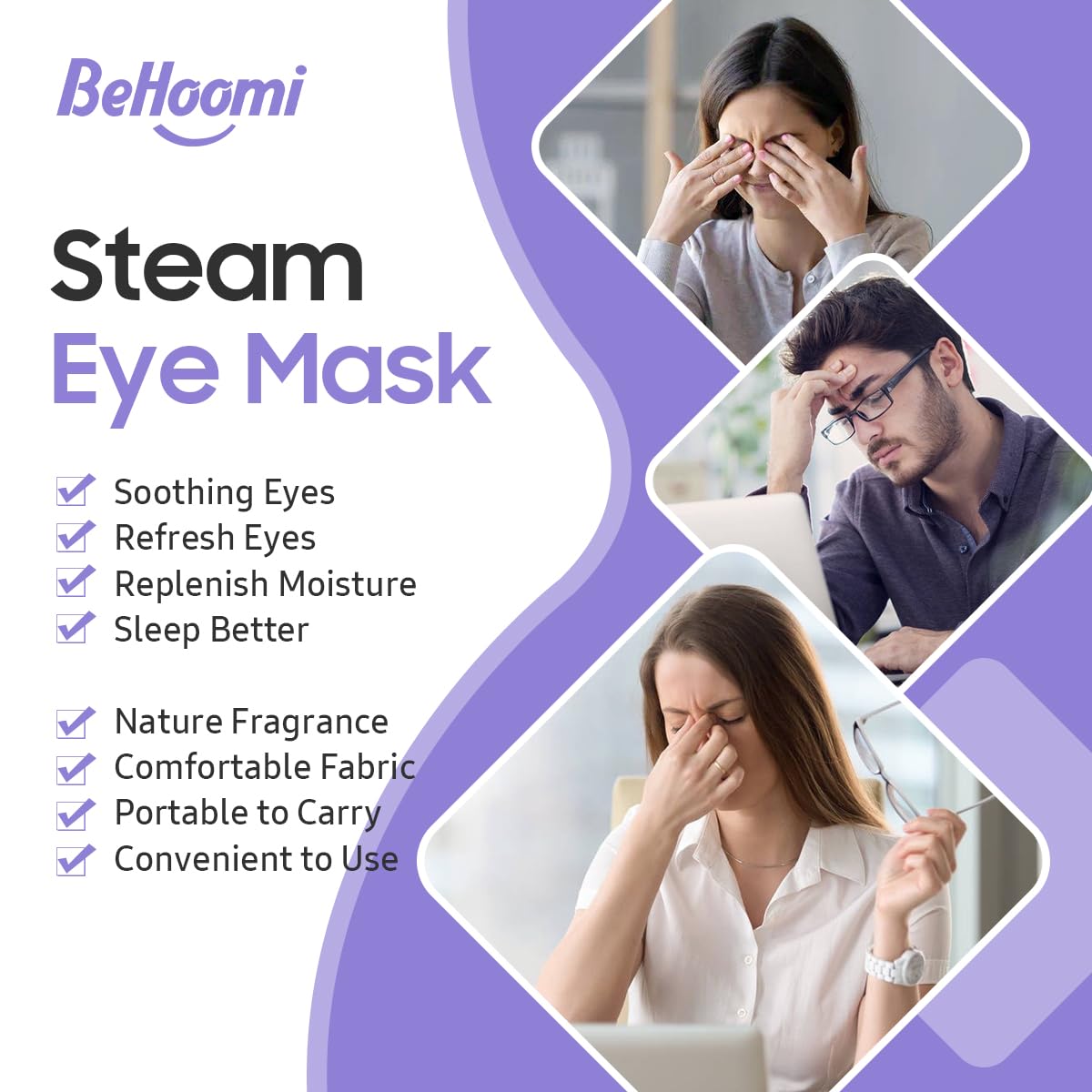 BeHoomi mascarilla lavanda con calor suave para relajación nocturna