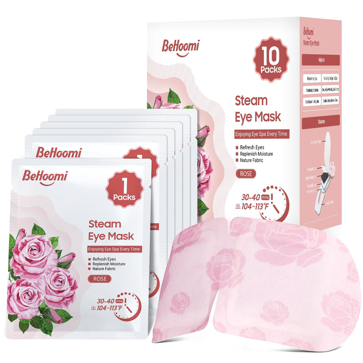 BeHoomi mascarilla ocular caliente con aroma a rosa para relajación nocturna