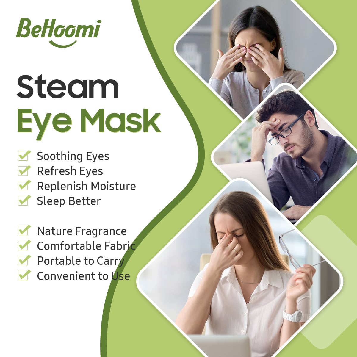 BeHoomi mascarilla ocular calor suave 104-113°F para relajación ocular.