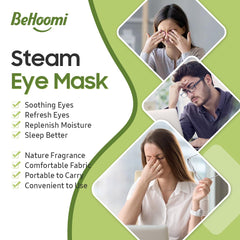 BeHoomi mascarilla ocular calor suave 104-113°F para relajación ocular.