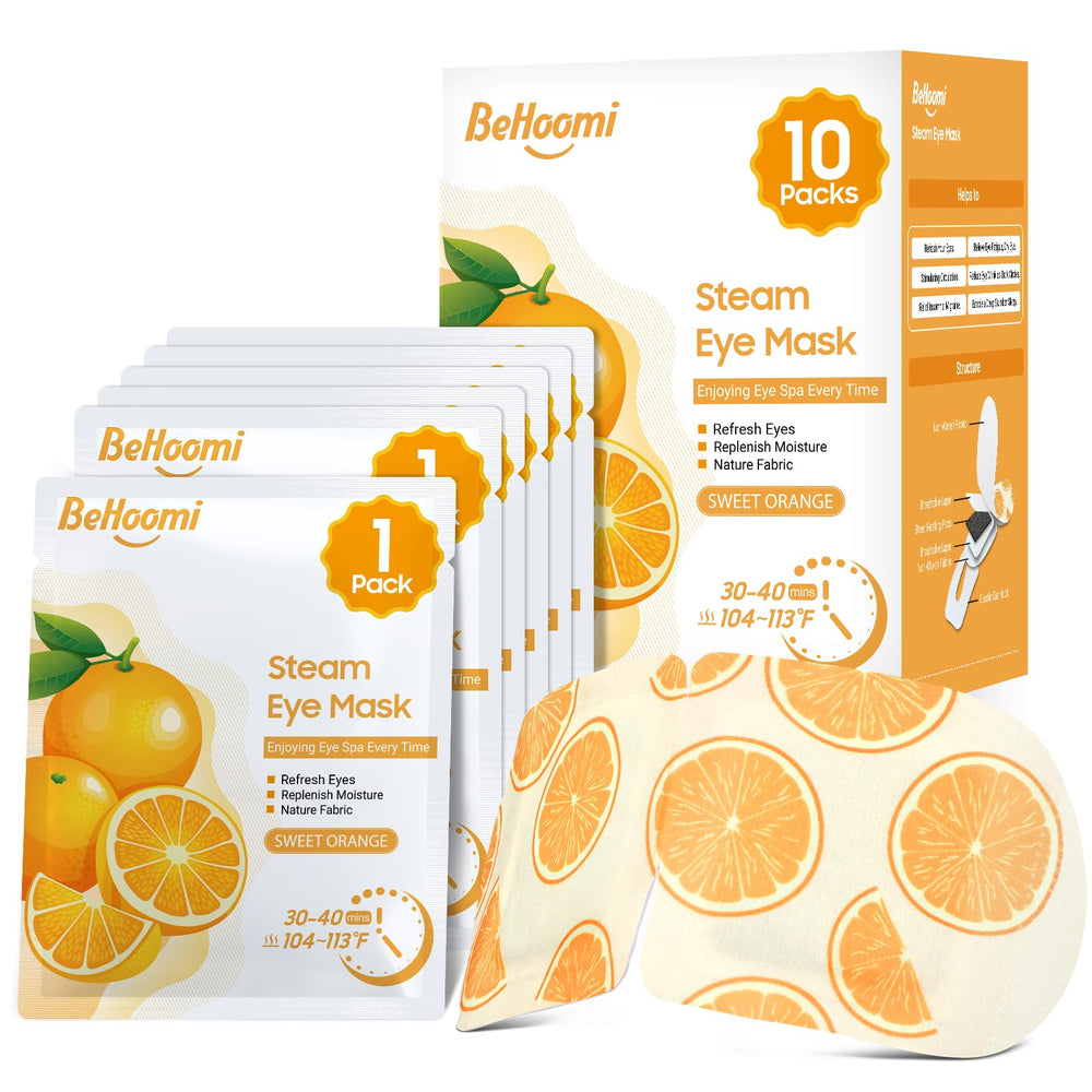 BeHoomi mascarilla ocular termica empaquetada para descanso cómodo.