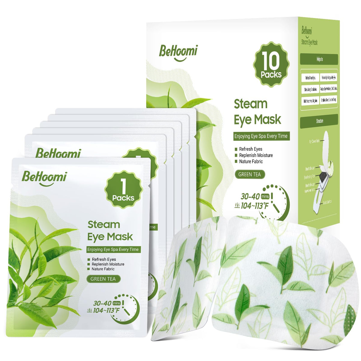 BeHoomi mascarilla ocular térmica 10 unidades, alivio suave para ojos cansados.