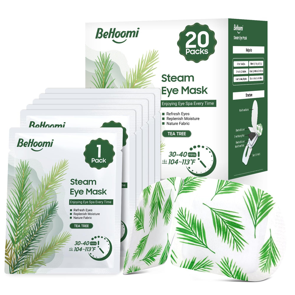 BeHoomi mascarilla-ojos-vapor-caliente-arbol-te-empaque: comodidad lista para uso diario.