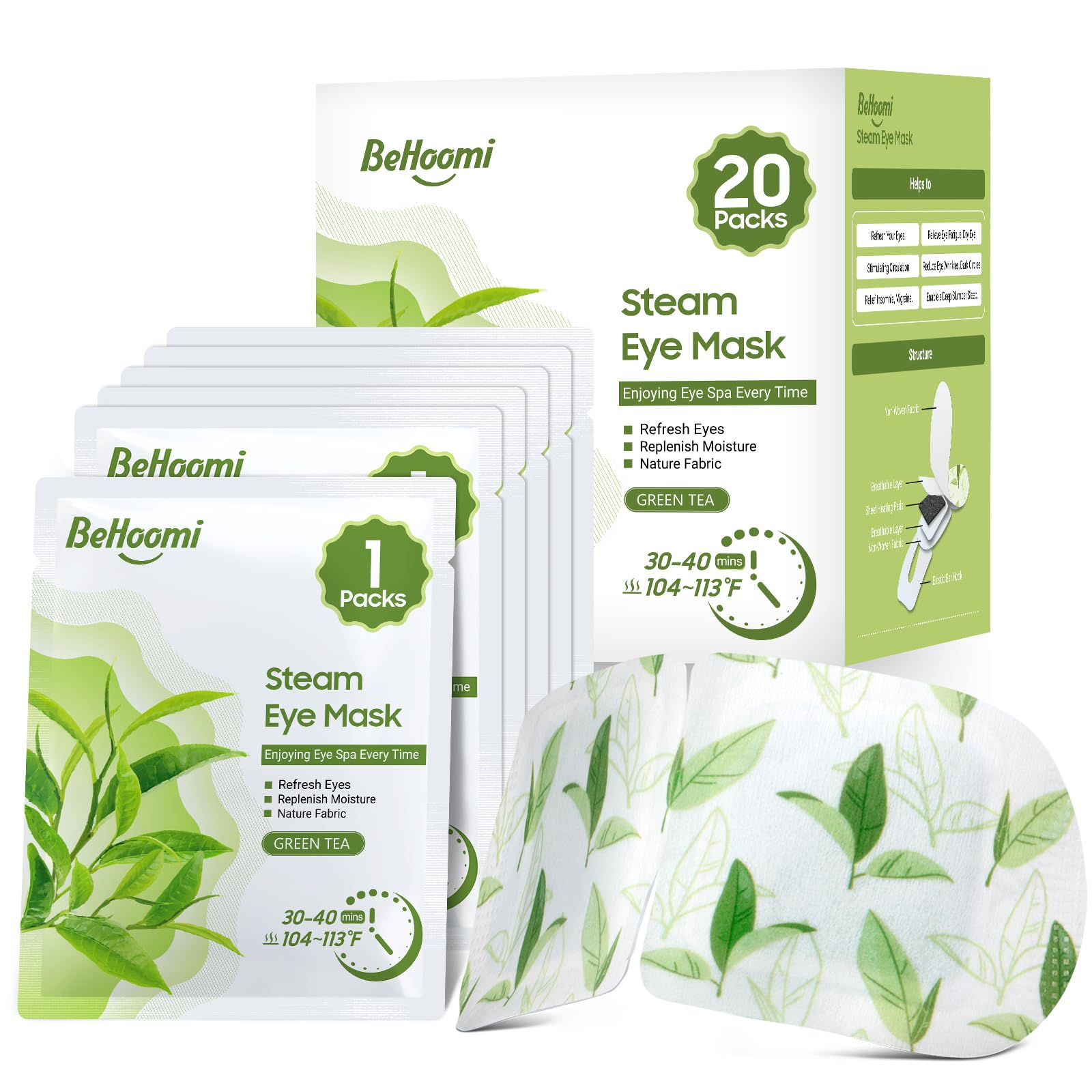 BeHoomi mascarilla ocular de vapor, enfoque empaque, ideal para relajación.