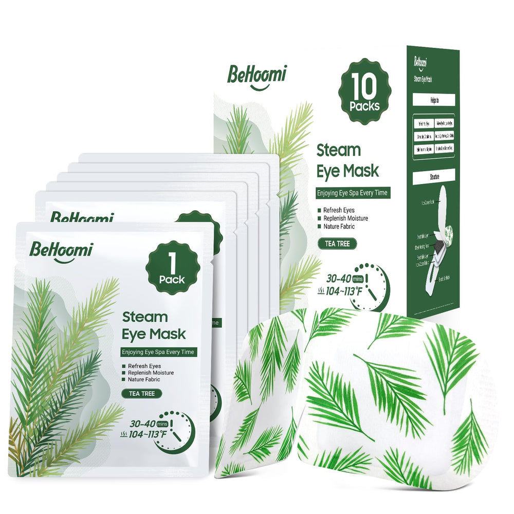 BeHoomi mascarilla ocular de vapor aroma árbol de té, pack de 10 para relajación.