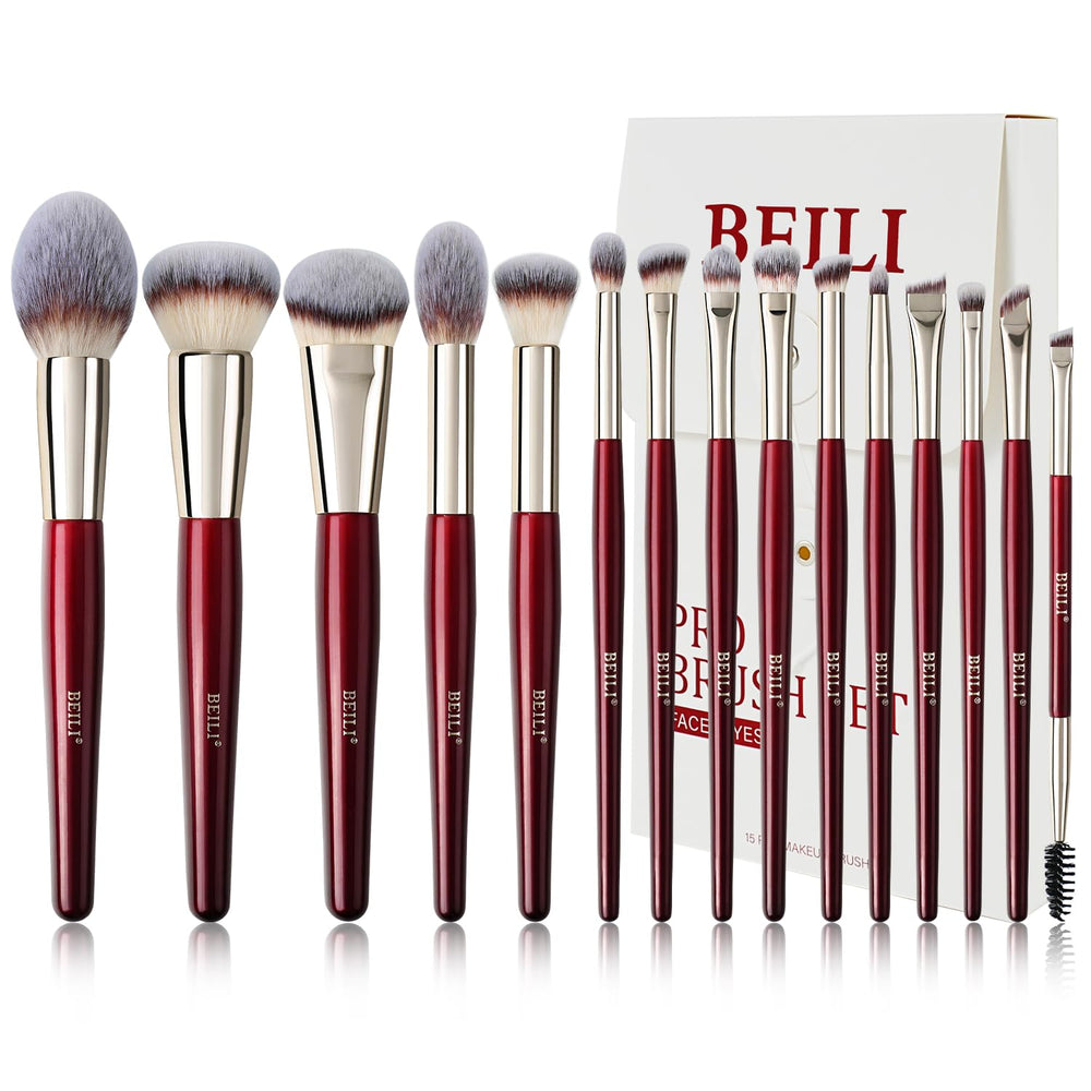 BEILI makeup brush set 15pcs with red packaging for gifting and versatile makeup prep