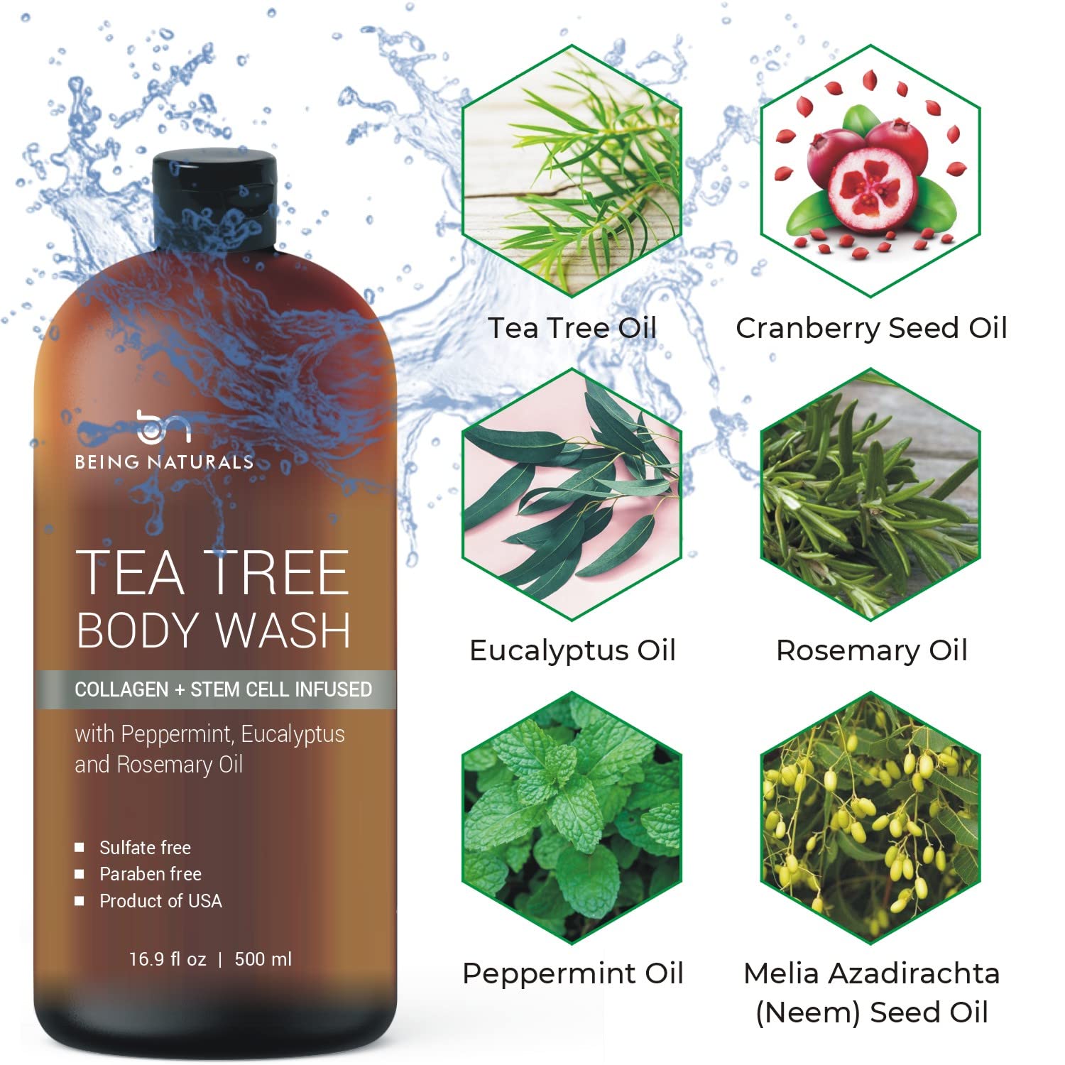 Being Naturals gel ducha árbol de té, células madre y colágeno, cuidado suave para la piel.