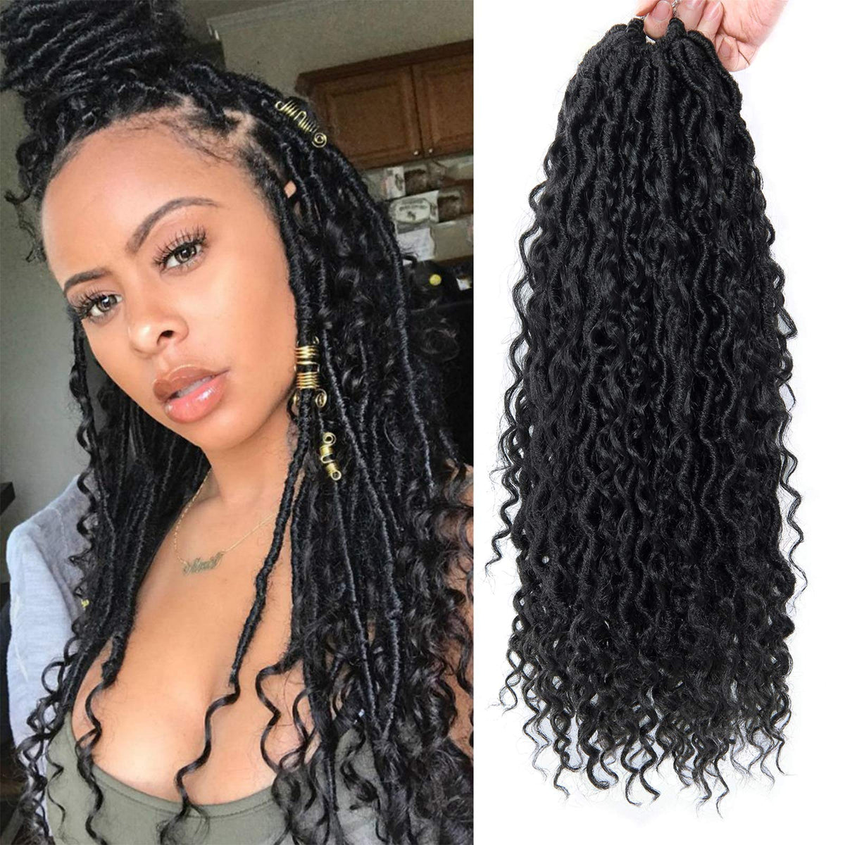 BEkjdiof Goddess Locs 18inch close-up shows full length and curly ends.