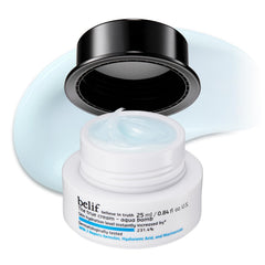 belif Aqua Bomb bottle close-up showing hydrating gel formula for all-day moisture