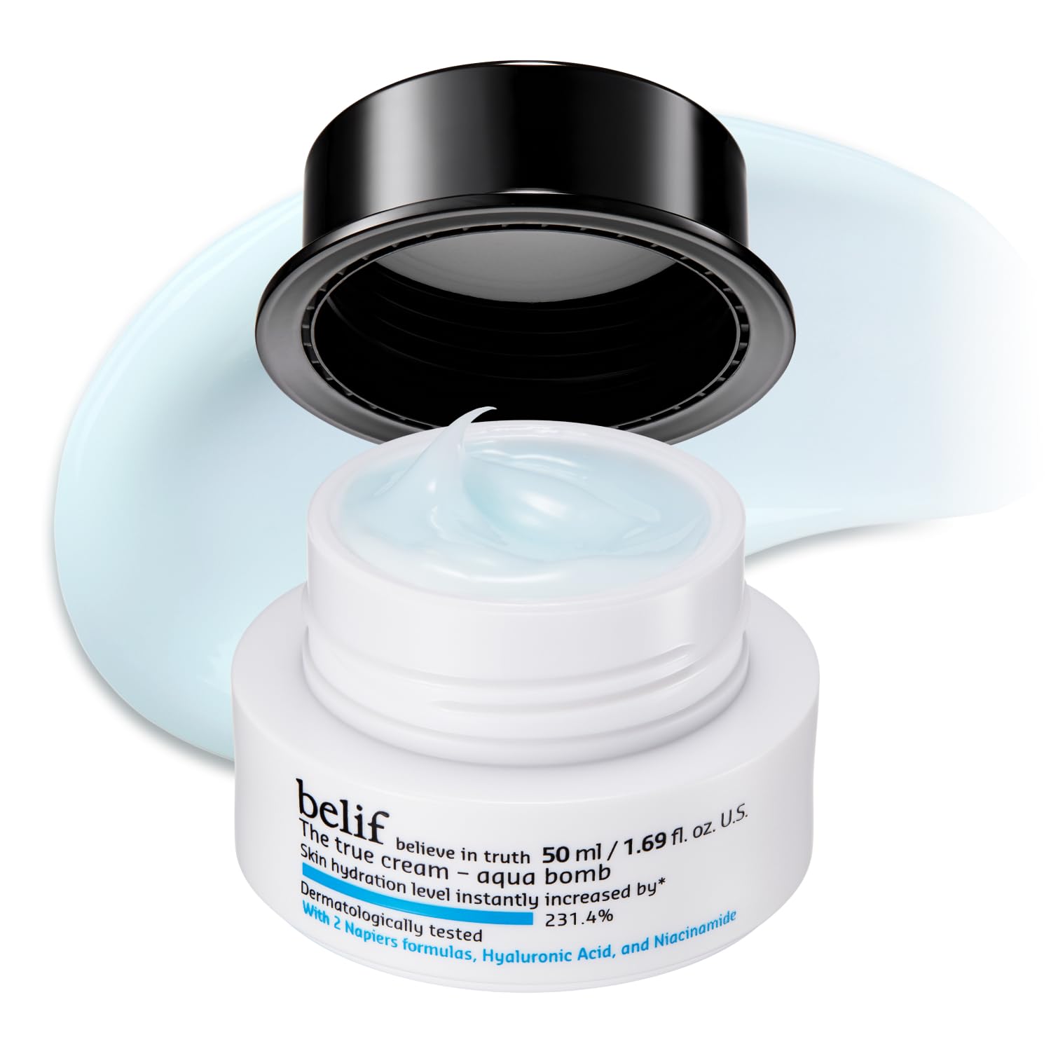 belif Aqua Bomb bottle close-up showing cooling, hydrating gel.