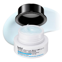 belif Aqua Bomb bottle close-up showing cooling, hydrating gel.