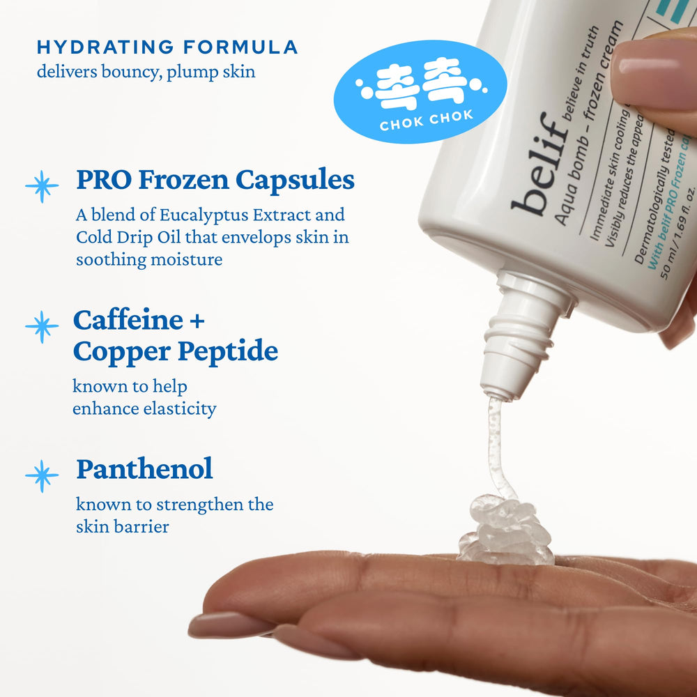 Belif Aqua Bomb Frozen Gel Cream cooling effect on overheated skin visualization.