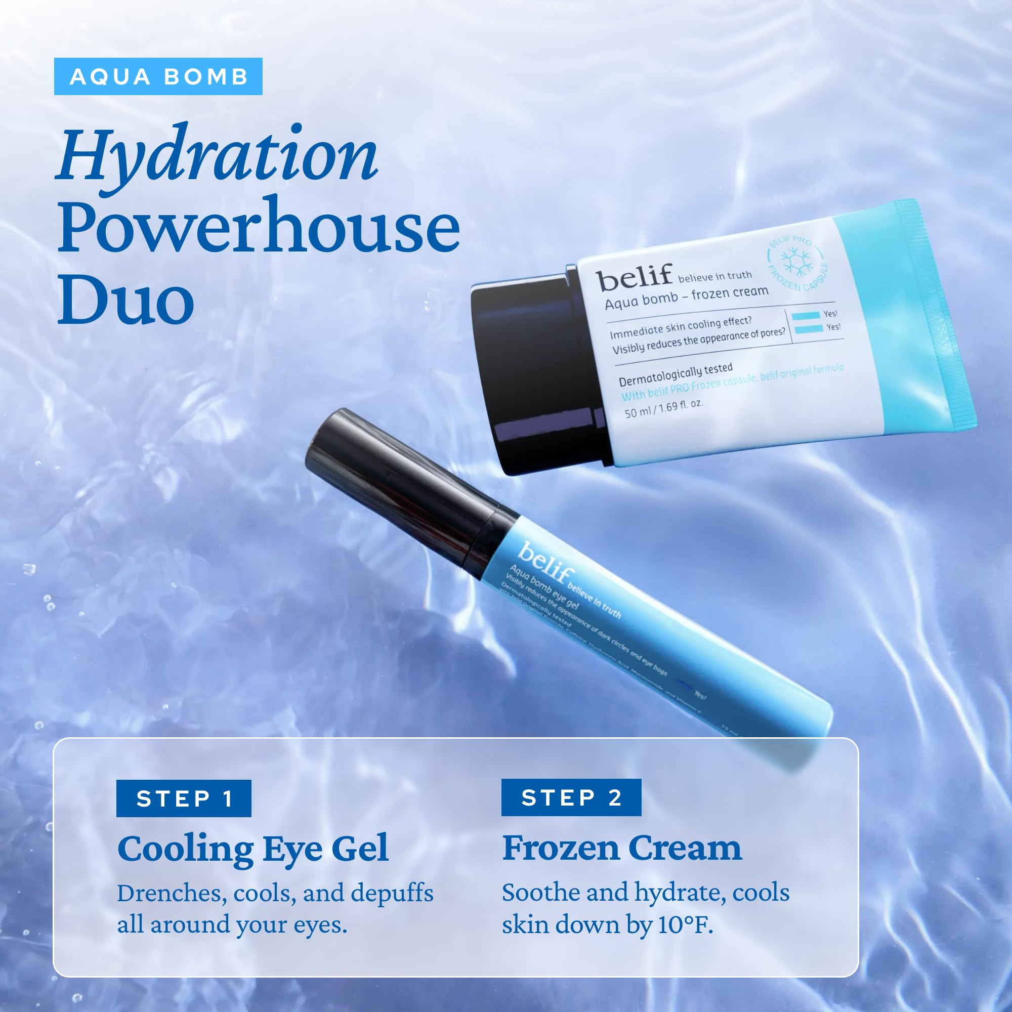 Belif Aqua Bomb Frozen Gel Cream hydration boost for dry skin texture visible.