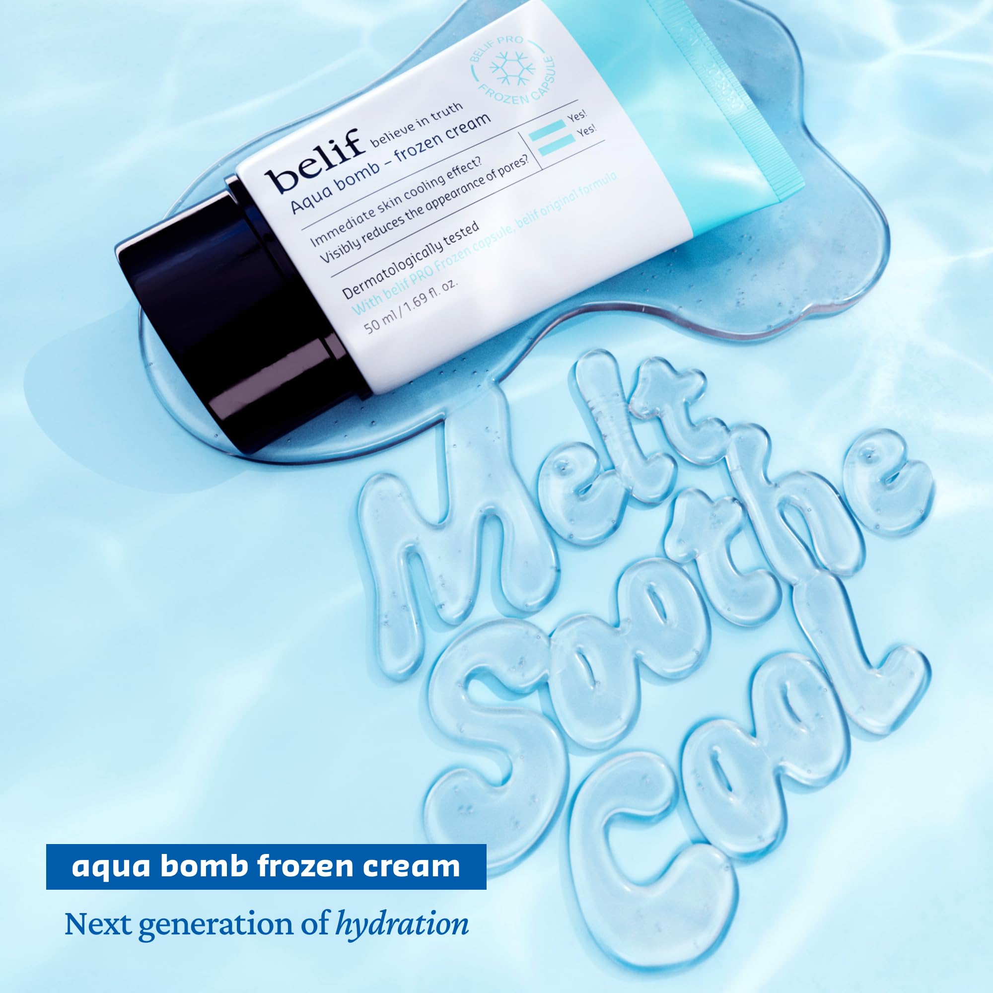 Belif Aqua Bomb Frozen Gel Cream jar close-up showing lightweight gel texture.