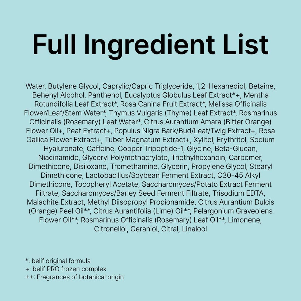 Belif Aqua Bomb Frozen Gel Cream with panthenol and niacinamide ingredients close-up.