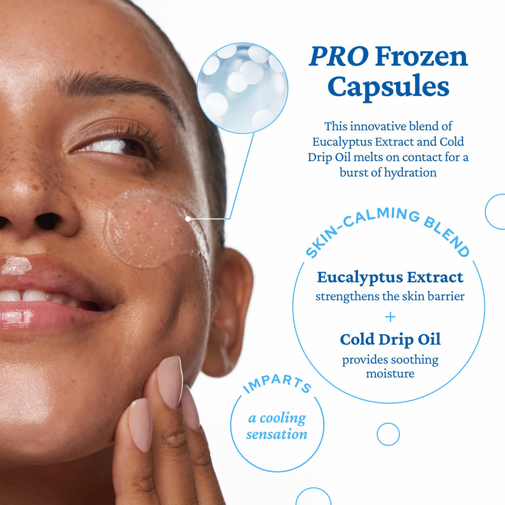 Belif Aqua Bomb Frozen Gel Cream with PRO Frozen Capsules conveying icy relief.